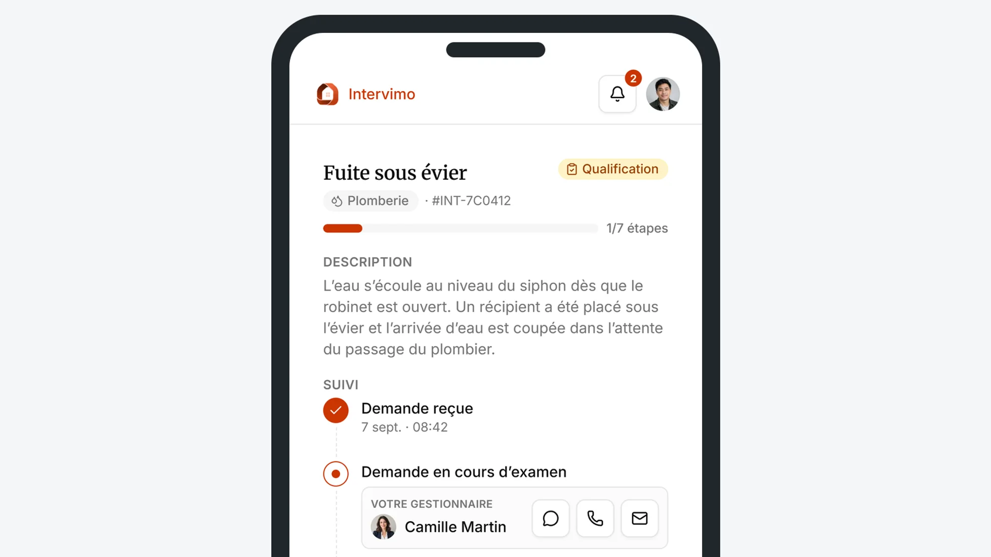 Vue mobile de l’espace locataire Intervimo présentant une intervention déclarée